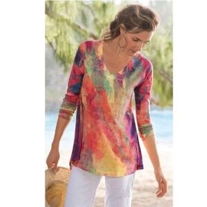 Soft Surroundings Red and Purple Graphic Blouse with Long Sleeves M